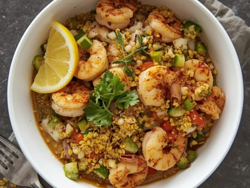 A vibrant shrimp quinoa bowl topped with creamy lemon tahini dressing