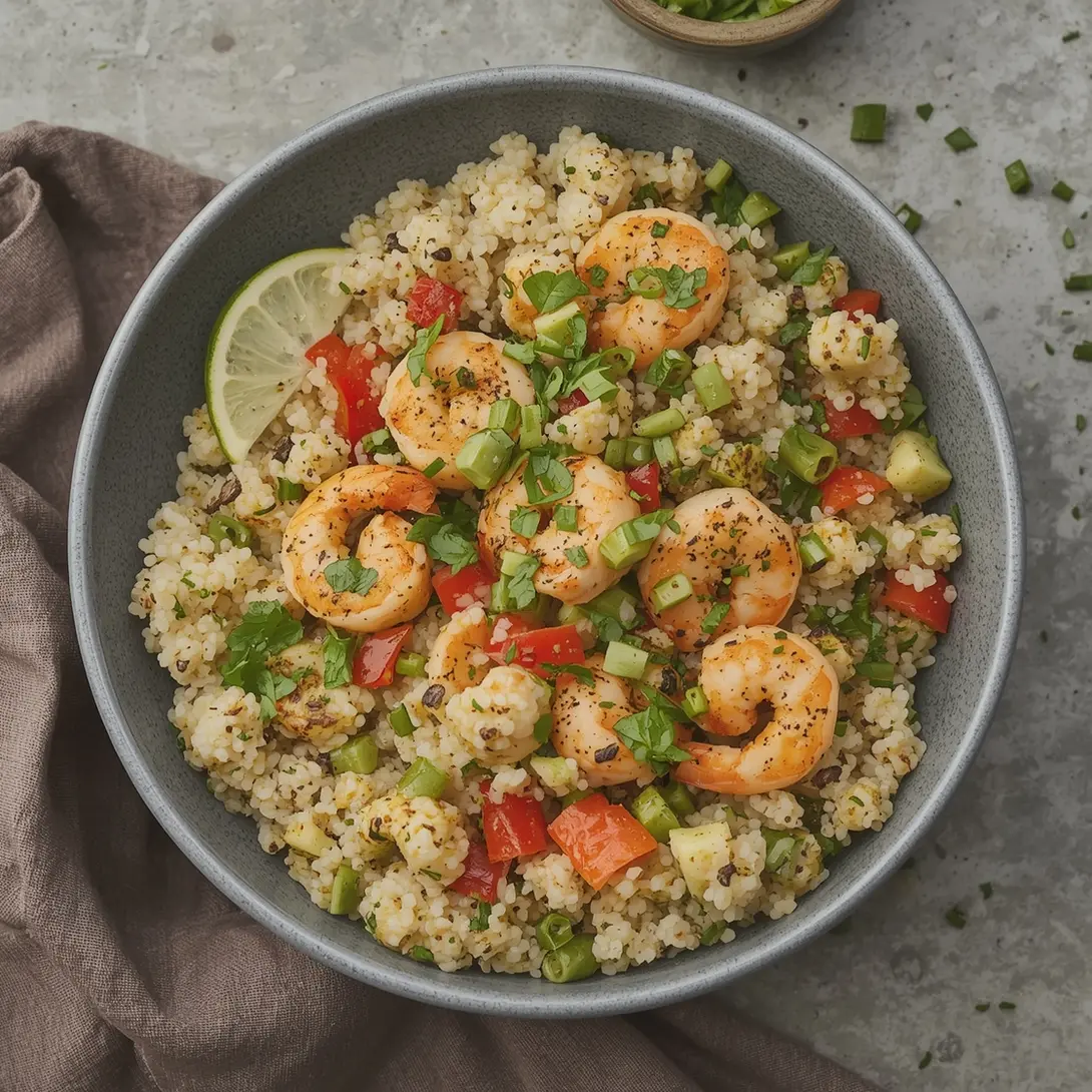 A vibrant shrimp quinoa bowl topped with creamy lemon tahini dressing