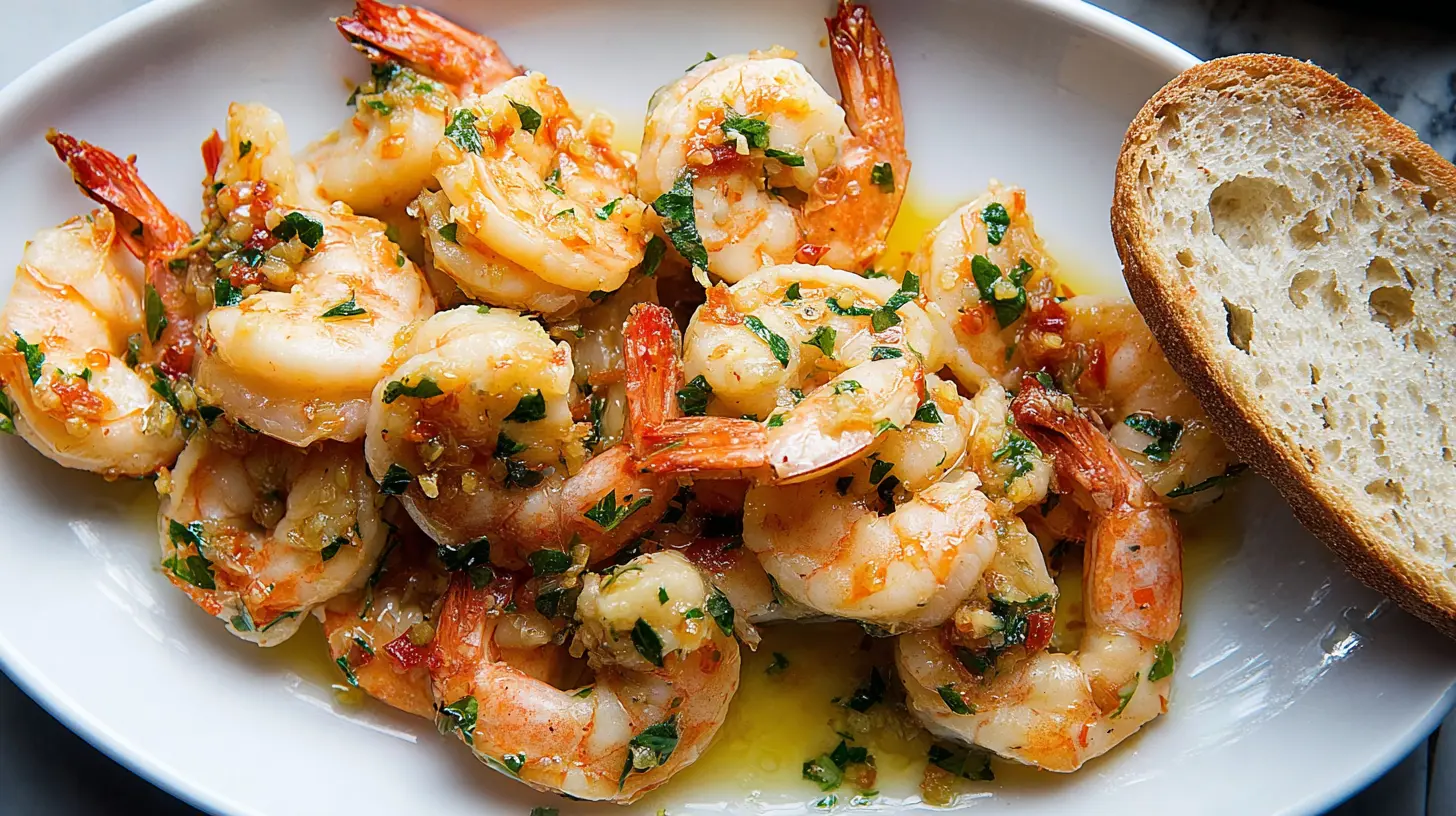 A close-up of a serving of shrimp scampi with pasta and parsley