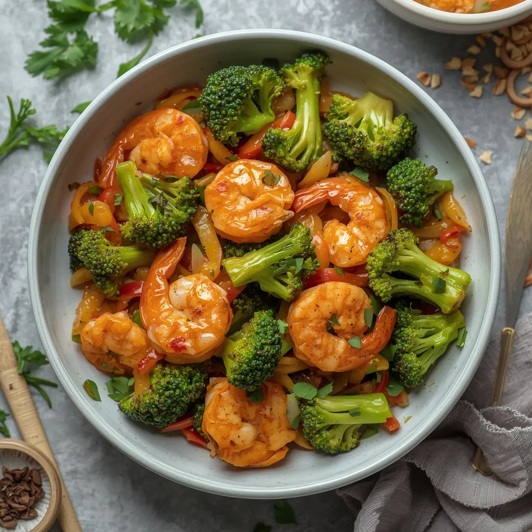 A vibrant plate of shrimp stir-fry with crisp broccoli florets.