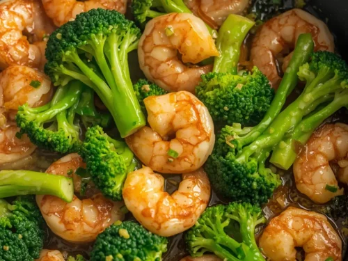 A vibrant plate of shrimp stir-fry with crisp broccoli florets.