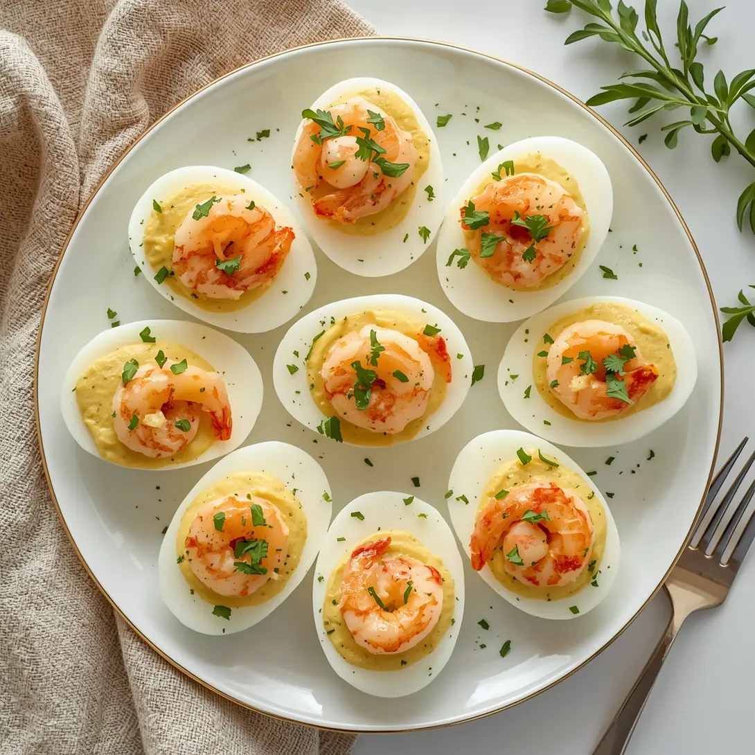 Plate of shrimp-stuffed deviled eggs, garnished with fresh herbs