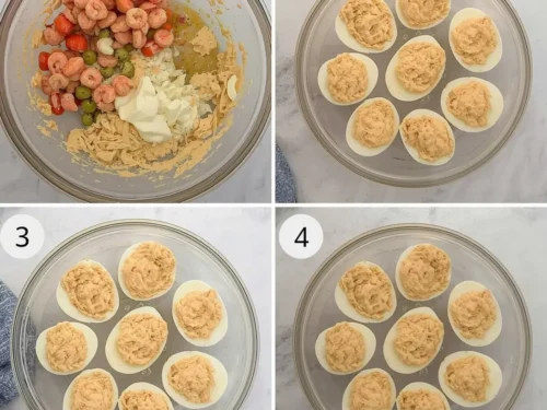 Plate of shrimp-stuffed deviled eggs, garnished with fresh herbs