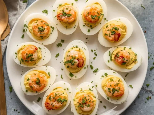 Plate of shrimp-stuffed deviled eggs, garnished with fresh herbs