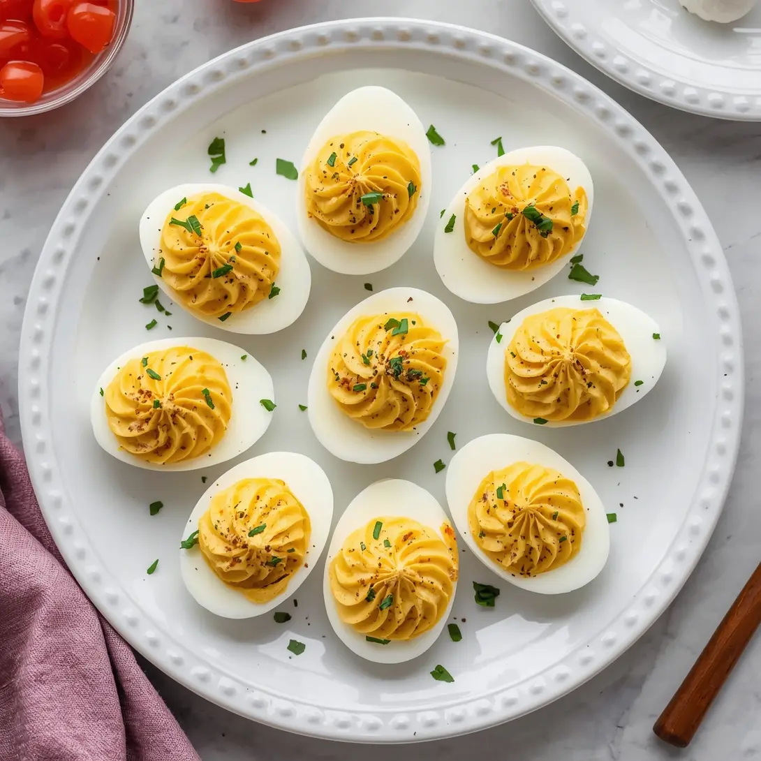 Plate of shrimp-stuffed deviled eggs, garnished with fresh herbs