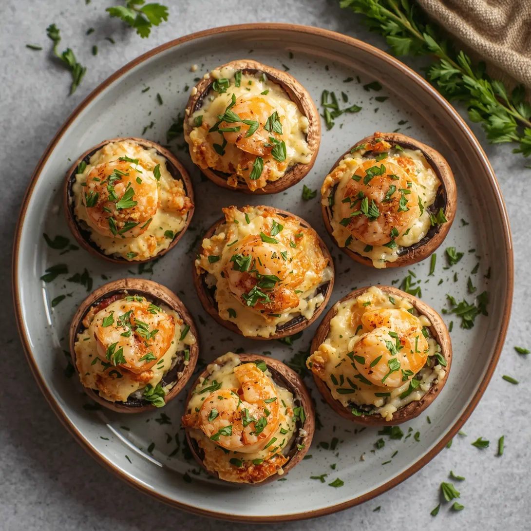 Shrimp-stuffed mushrooms generously topped with fresh herbs on a plate