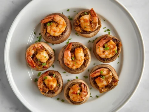 Shrimp-stuffed mushrooms generously topped with fresh herbs on a plate