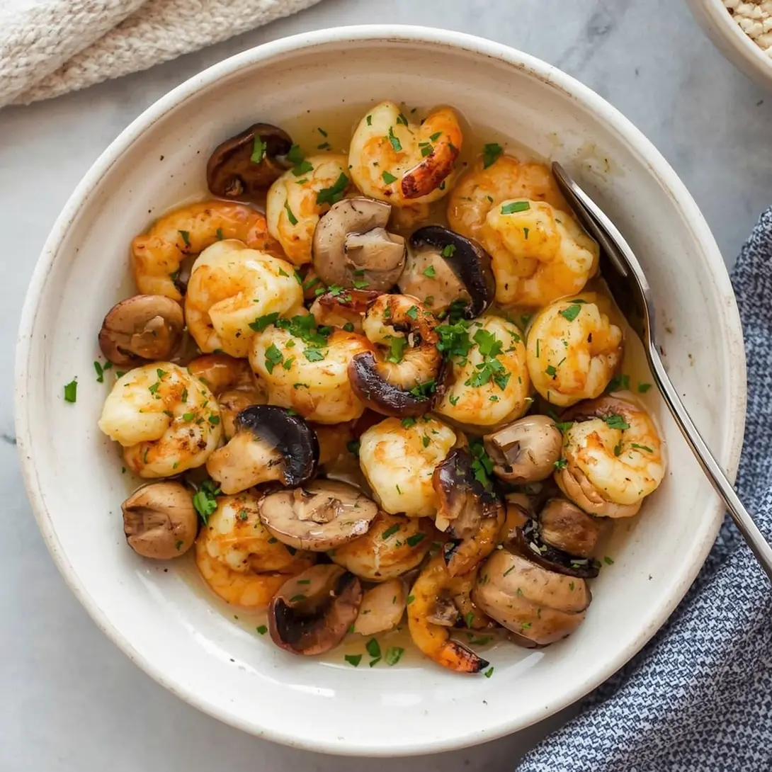 Shrimp-stuffed mushrooms generously topped with fresh herbs on a plate