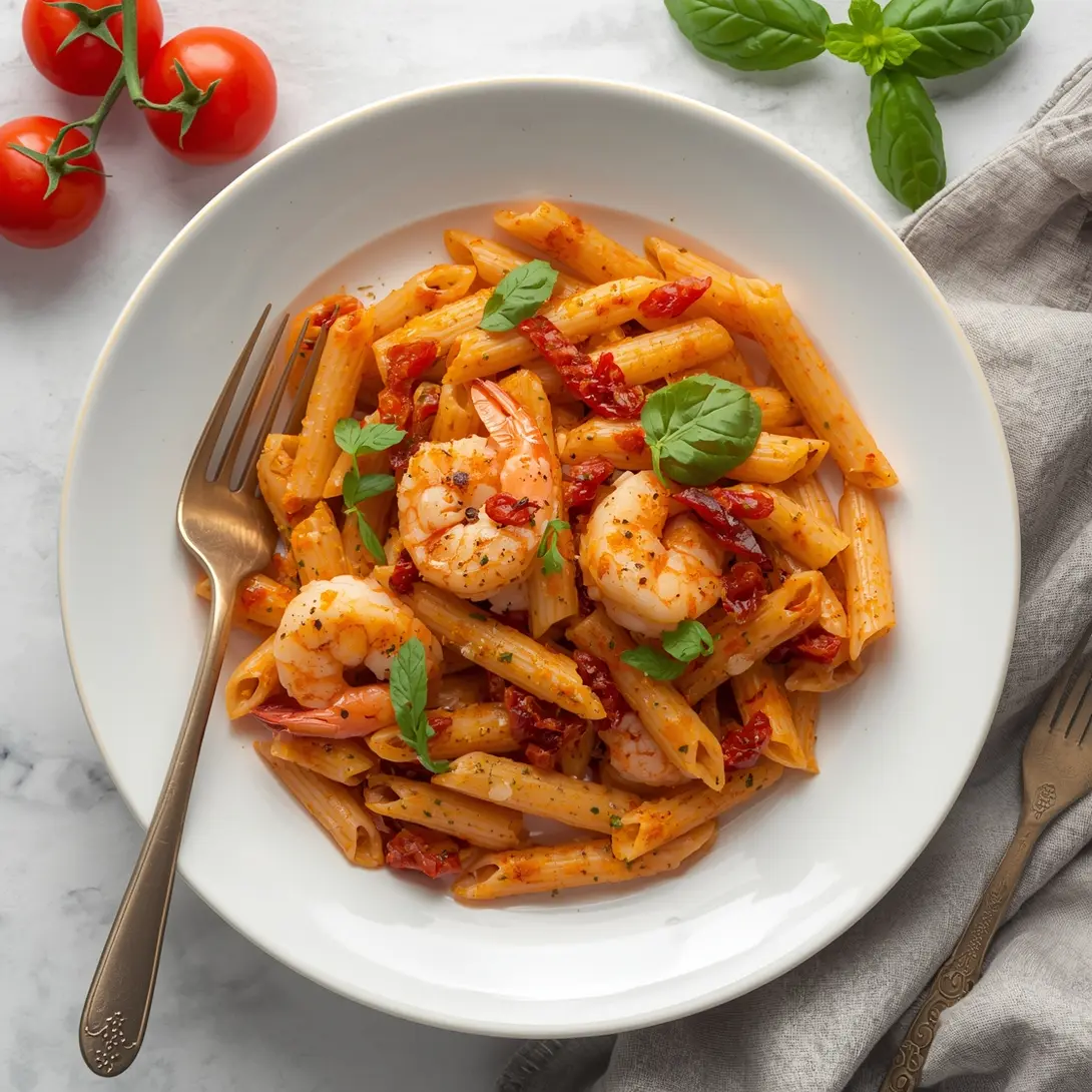 A vibrant dish of shrimp and sun-dried tomato penne pasta on a white plate.