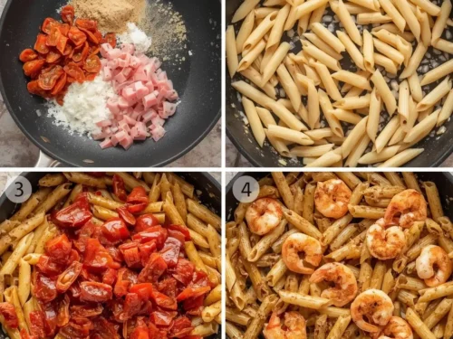 A vibrant dish of shrimp and sun-dried tomato penne pasta on a white plate.