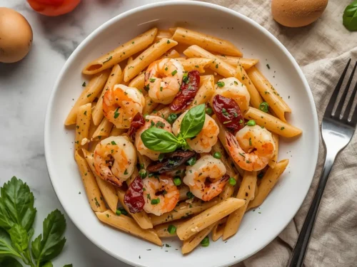 A vibrant dish of shrimp and sun-dried tomato penne pasta on a white plate.