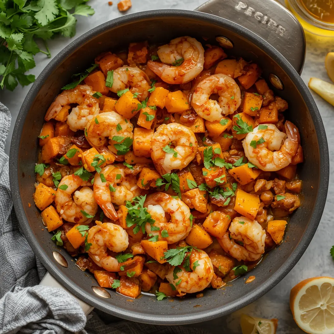 A colorful dish of shrimp and sweet potato hash in a skillet.