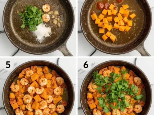 A colorful dish of shrimp and sweet potato hash in a skillet.