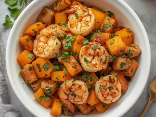 A colorful dish of shrimp and sweet potato hash in a skillet.