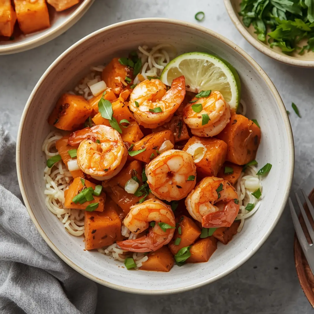 A colorful dish of shrimp and sweet potato hash in a skillet.