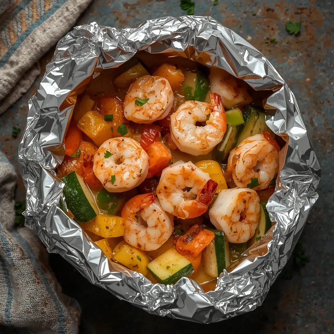 Delicious shrimp and veggie foil packets ready for grilling or baking