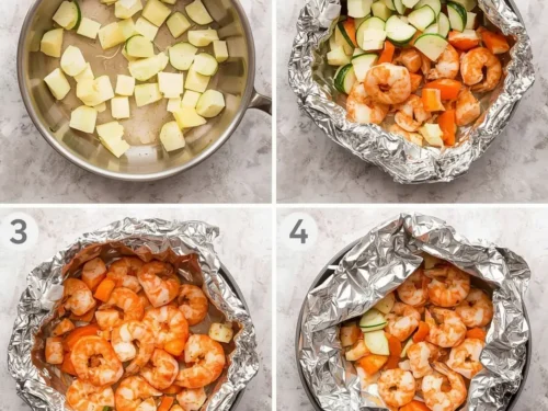 Delicious shrimp and veggie foil packets ready for grilling or baking