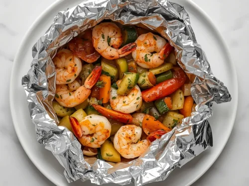 Delicious shrimp and veggie foil packets ready for grilling or baking