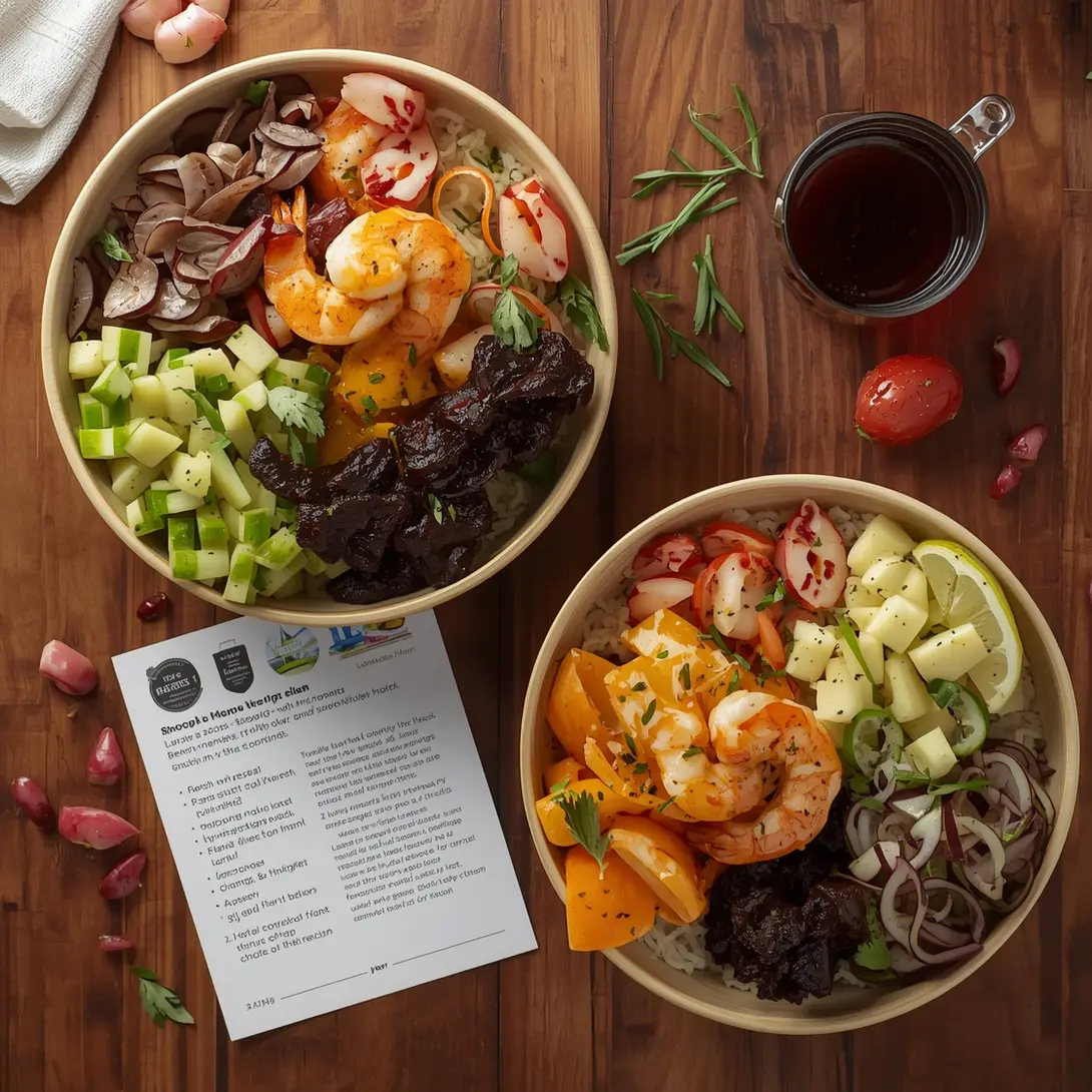 Two vibrant shrimp & wild rice harvest bowls with fresh ingredients on a wooden surface.