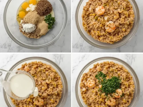 Two vibrant shrimp & wild rice harvest bowls with fresh ingredients on a wooden surface.