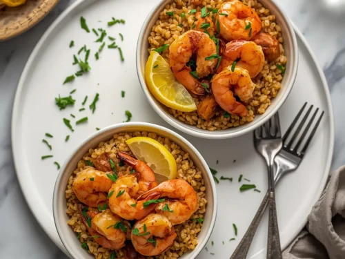 Two vibrant shrimp & wild rice harvest bowls with fresh ingredients on a wooden surface.