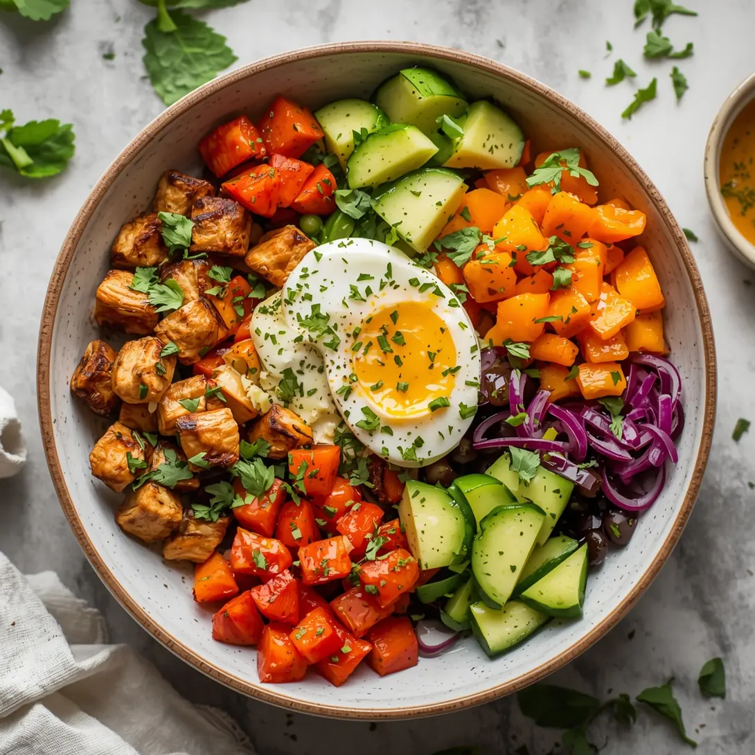 Two vibrant shrimp & wild rice harvest bowls with fresh ingredients on a wooden surface.