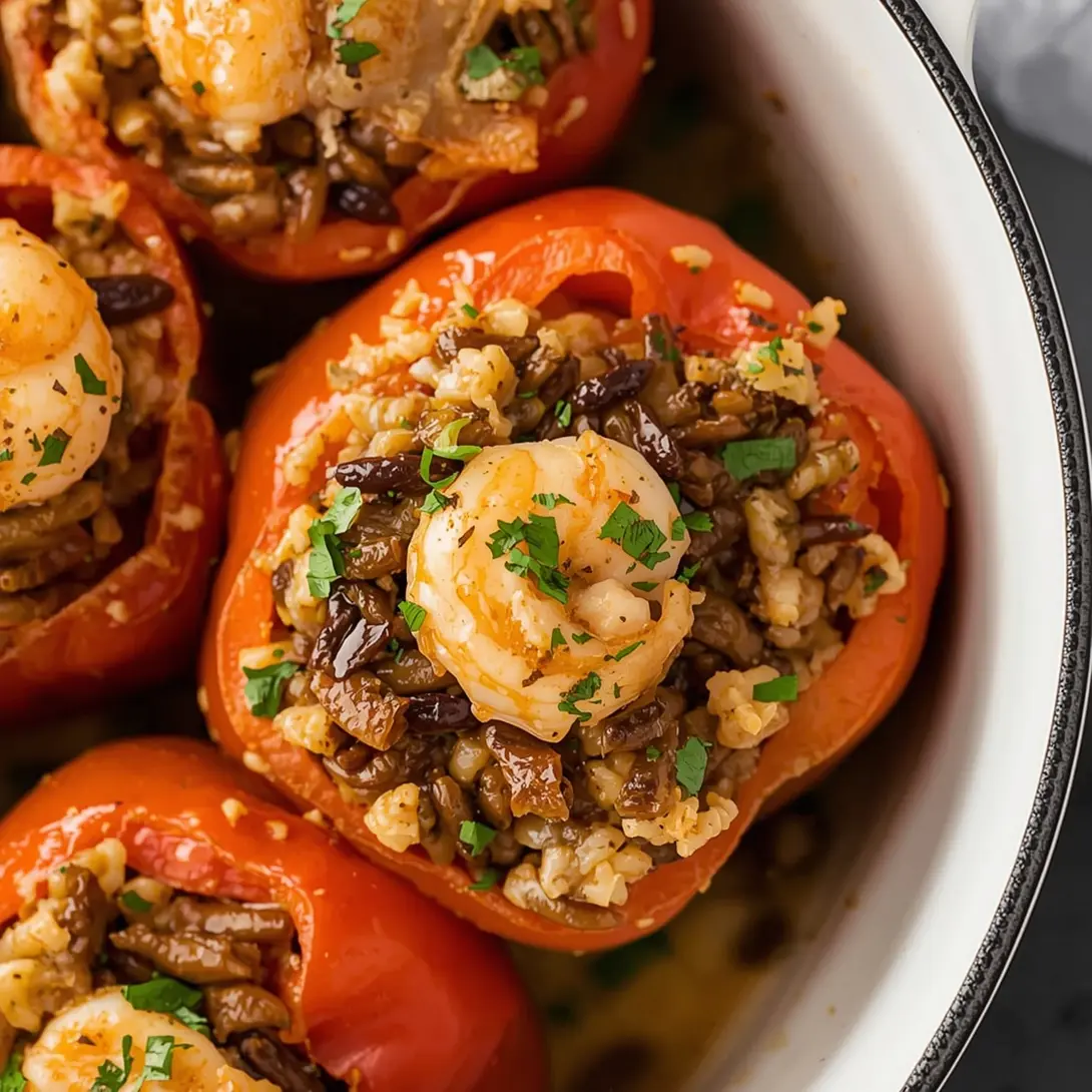 Close-up of Shrimp and Wild Rice Stuffed Peppers ready to be served.