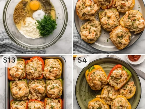 Close-up of Shrimp and Wild Rice Stuffed Peppers ready to be served.