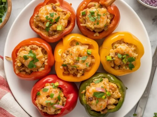 Close-up of Shrimp and Wild Rice Stuffed Peppers ready to be served.