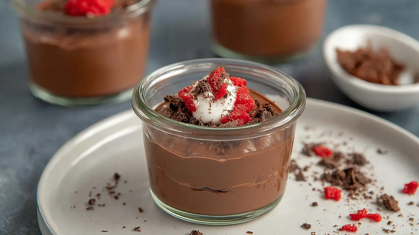A smooth and creamy silken tofu chocolate mousse in a glass ramekin.
