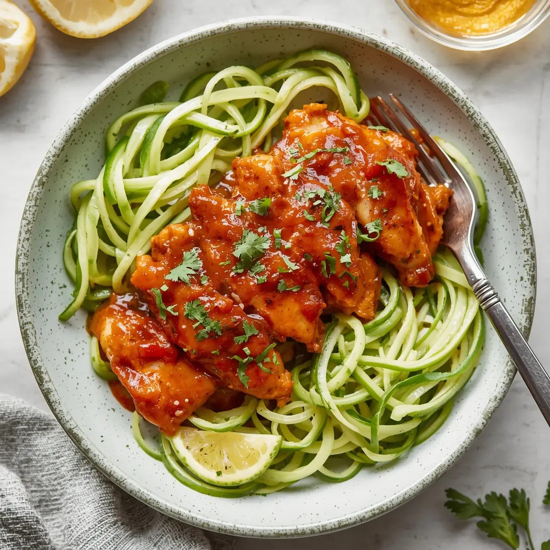 A plate of skinny BBQ chicken served with fresh zoodles.