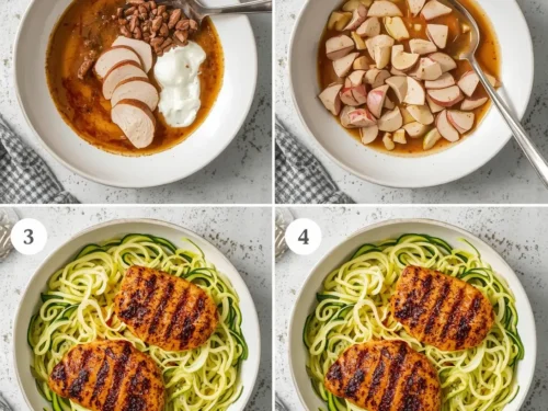 A plate of skinny BBQ chicken served with fresh zoodles.