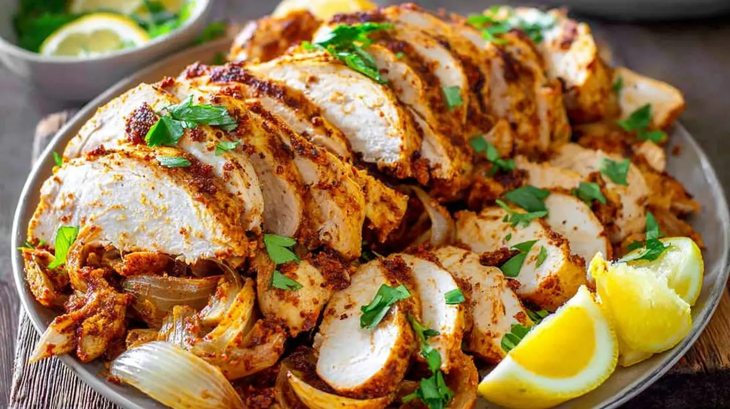 Delicious chicken shawarma thinly sliced from a vertical rotisserie.