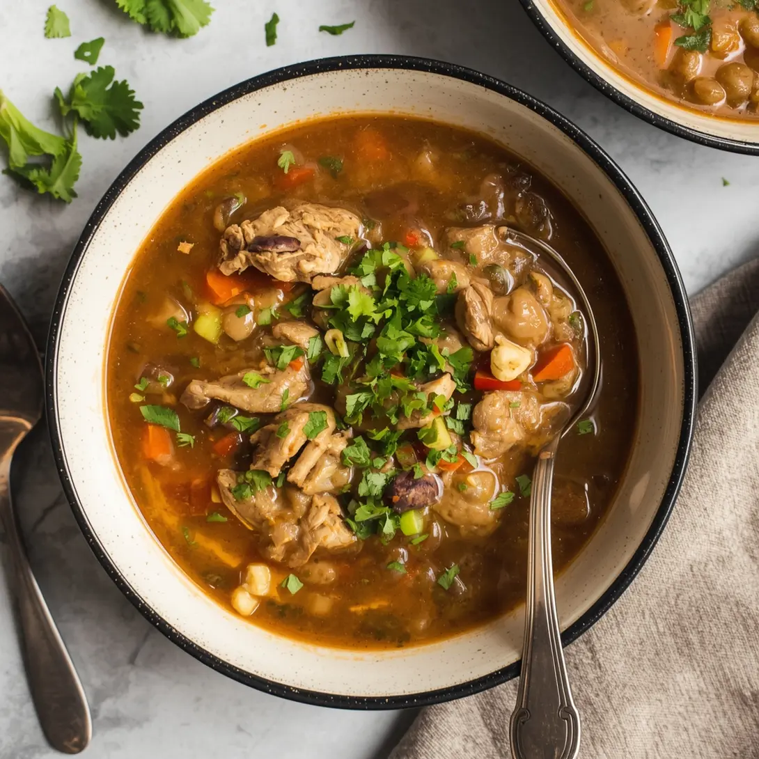 A bowl of slow cooker chicken and black bean soup garnished with cilantro