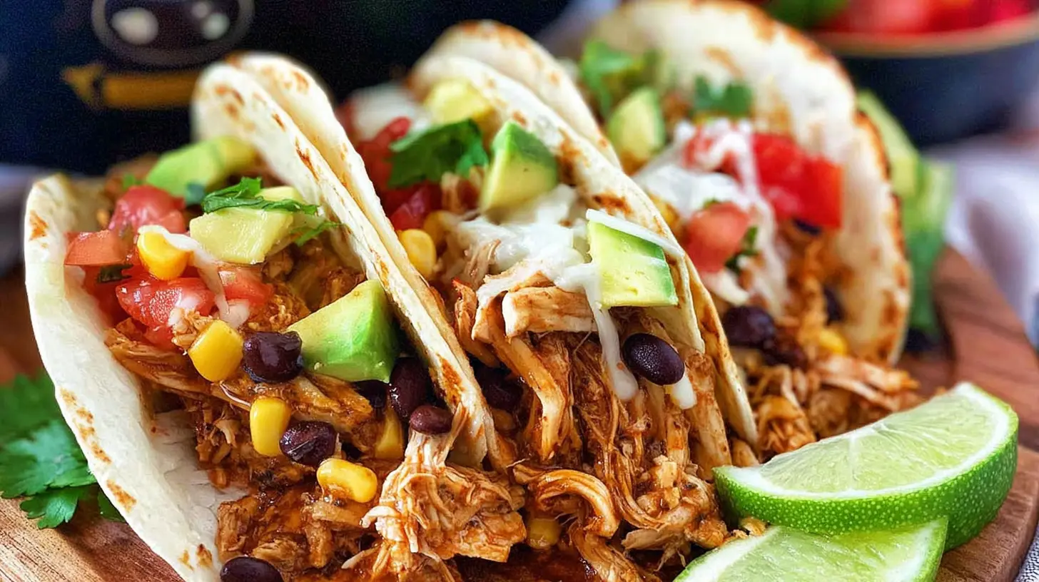 A serving of slow-cooked chicken tacos made in a crockpot, topped with fresh ingredients.