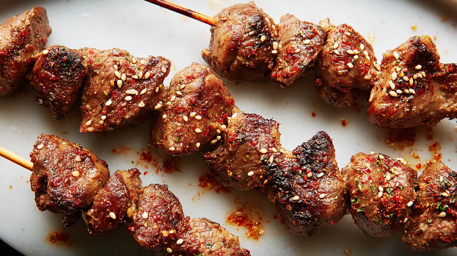 Close-up of spicy cumin chicken heart skewers, grilled to perfection