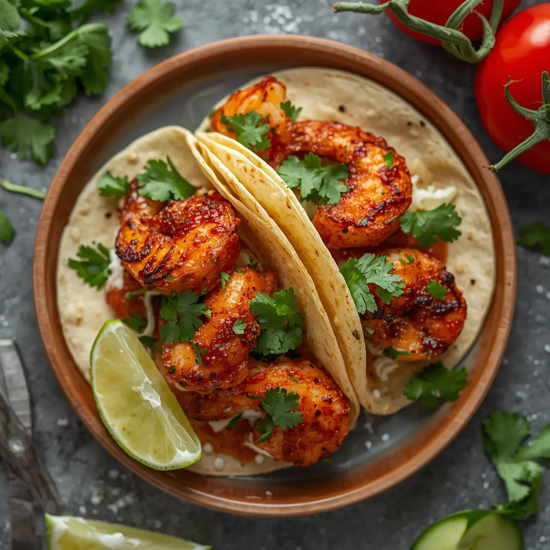 Spicy grilled shrimp tacos garnished with fresh cilantro and lime wedges