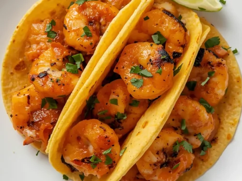Spicy grilled shrimp tacos garnished with fresh cilantro and lime wedges