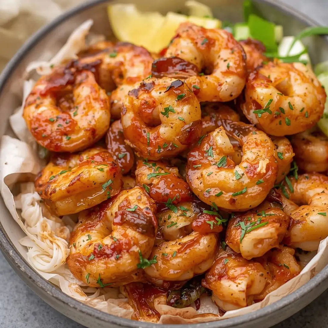 Spicy grilled shrimp tacos garnished with fresh cilantro and lime wedges