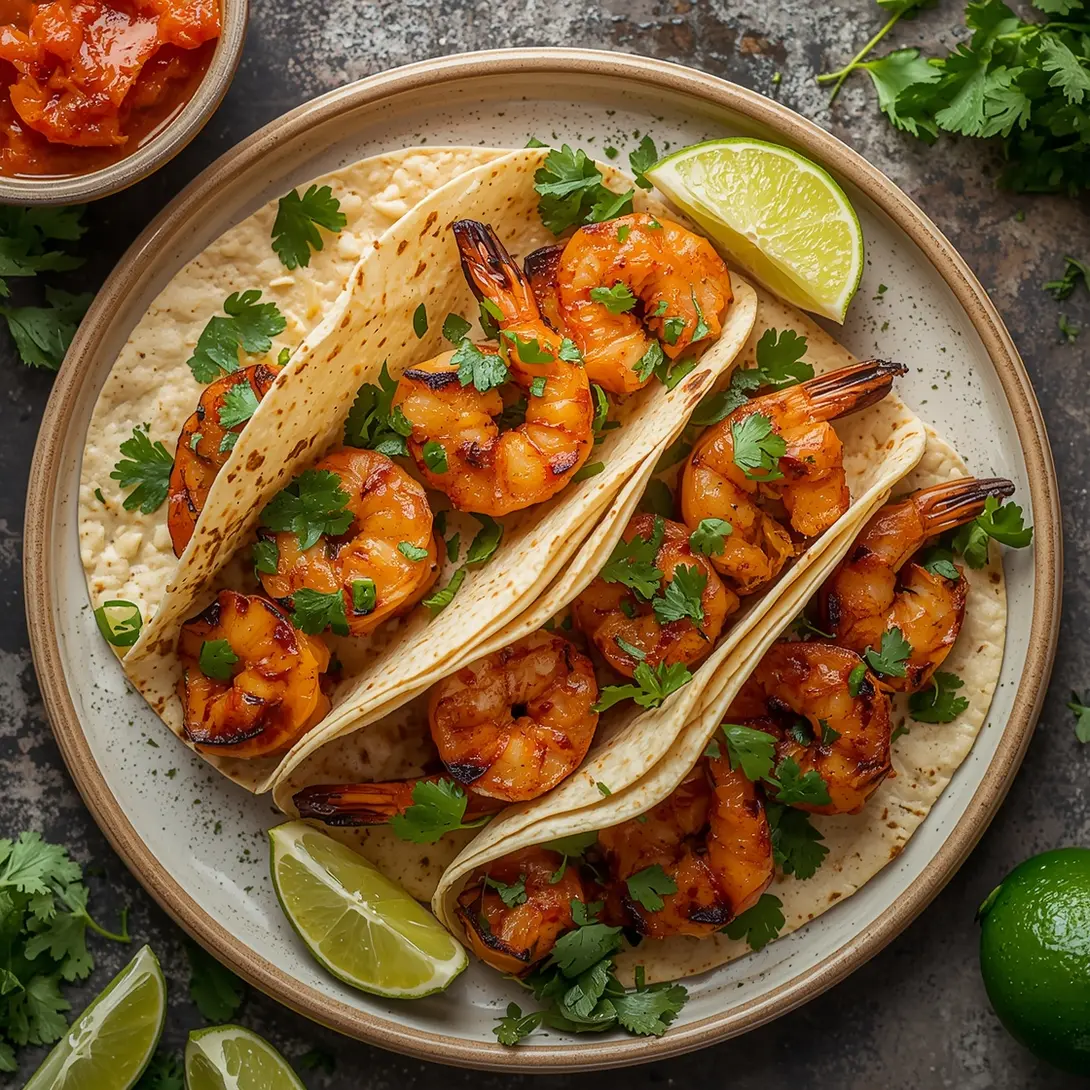Platter of spicy grilled shrimp tacos, garnished with fresh cilantro and lime.