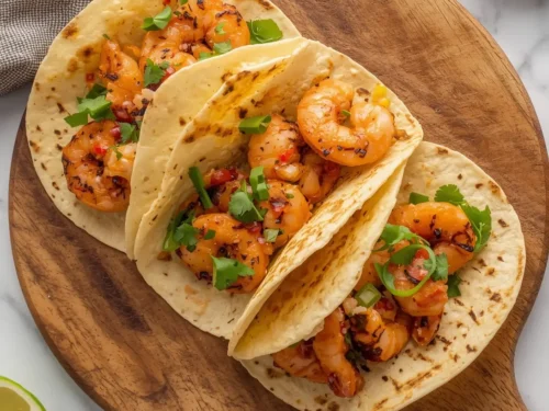 Platter of spicy grilled shrimp tacos, garnished with fresh cilantro and lime.