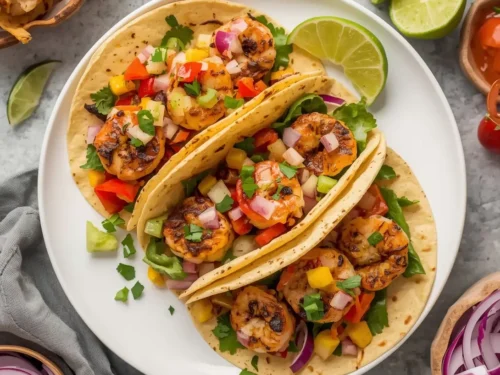 Platter of spicy grilled shrimp tacos, garnished with fresh cilantro and lime.