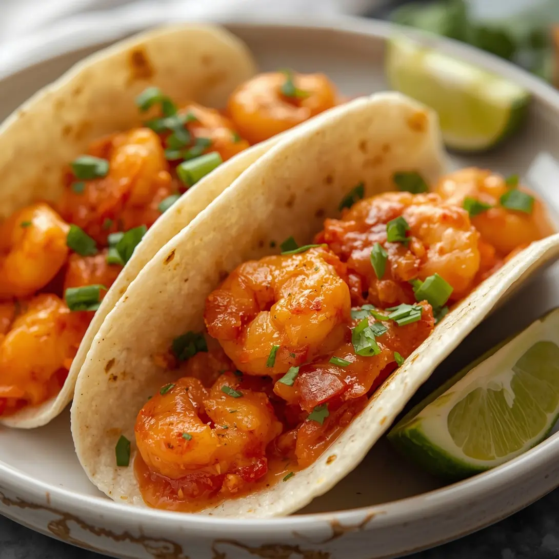 Platter of spicy grilled shrimp tacos, garnished with fresh cilantro and lime.