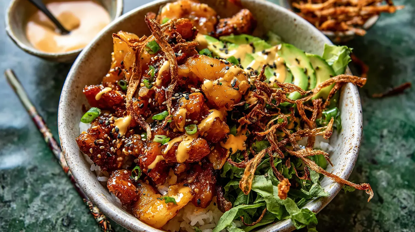 A full bowl of spicy honey ginger chicken with yum yum sauce.