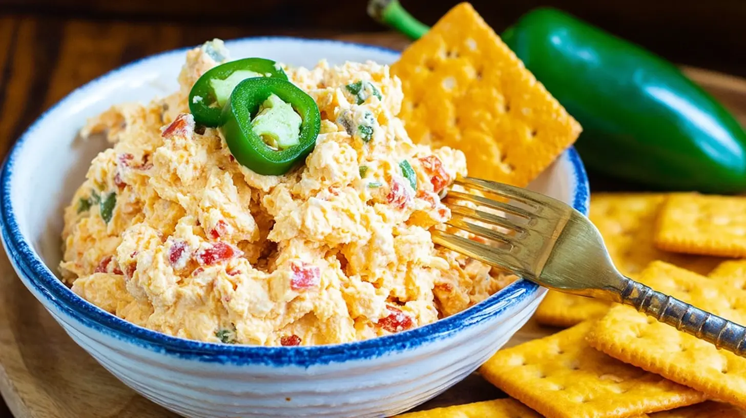A bowl of spicy jalapeno pimento cheese, ready to serve.