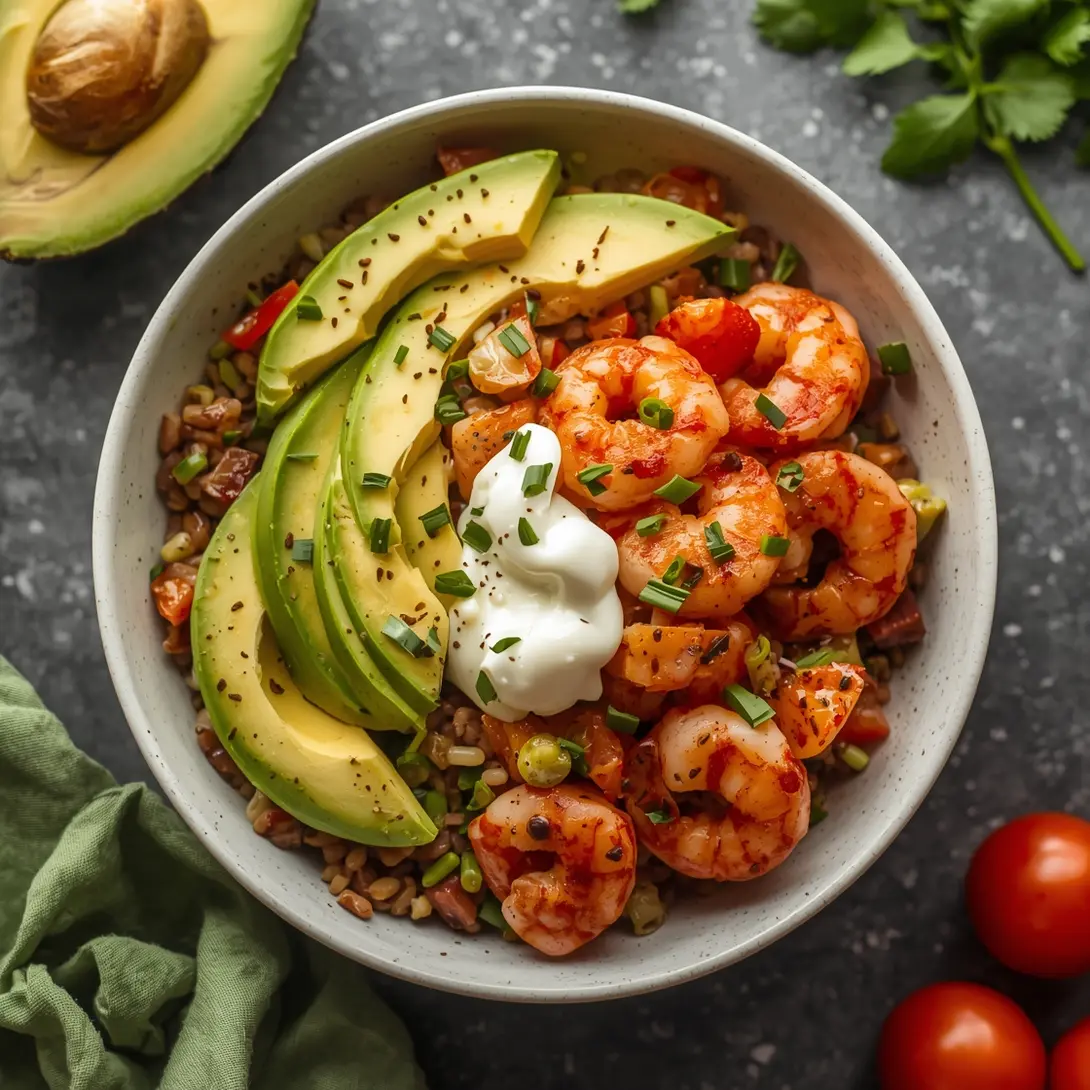 A vibrant spicy shrimp grain bowl topped with creamy avocado slices.