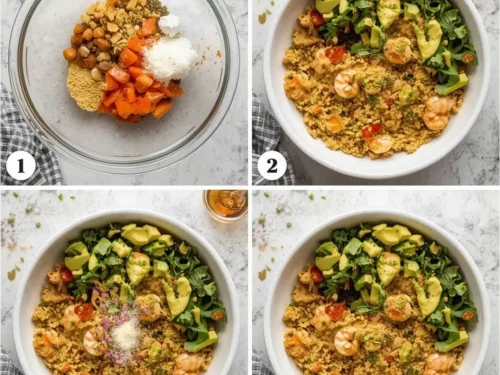 A vibrant spicy shrimp grain bowl topped with creamy avocado slices.