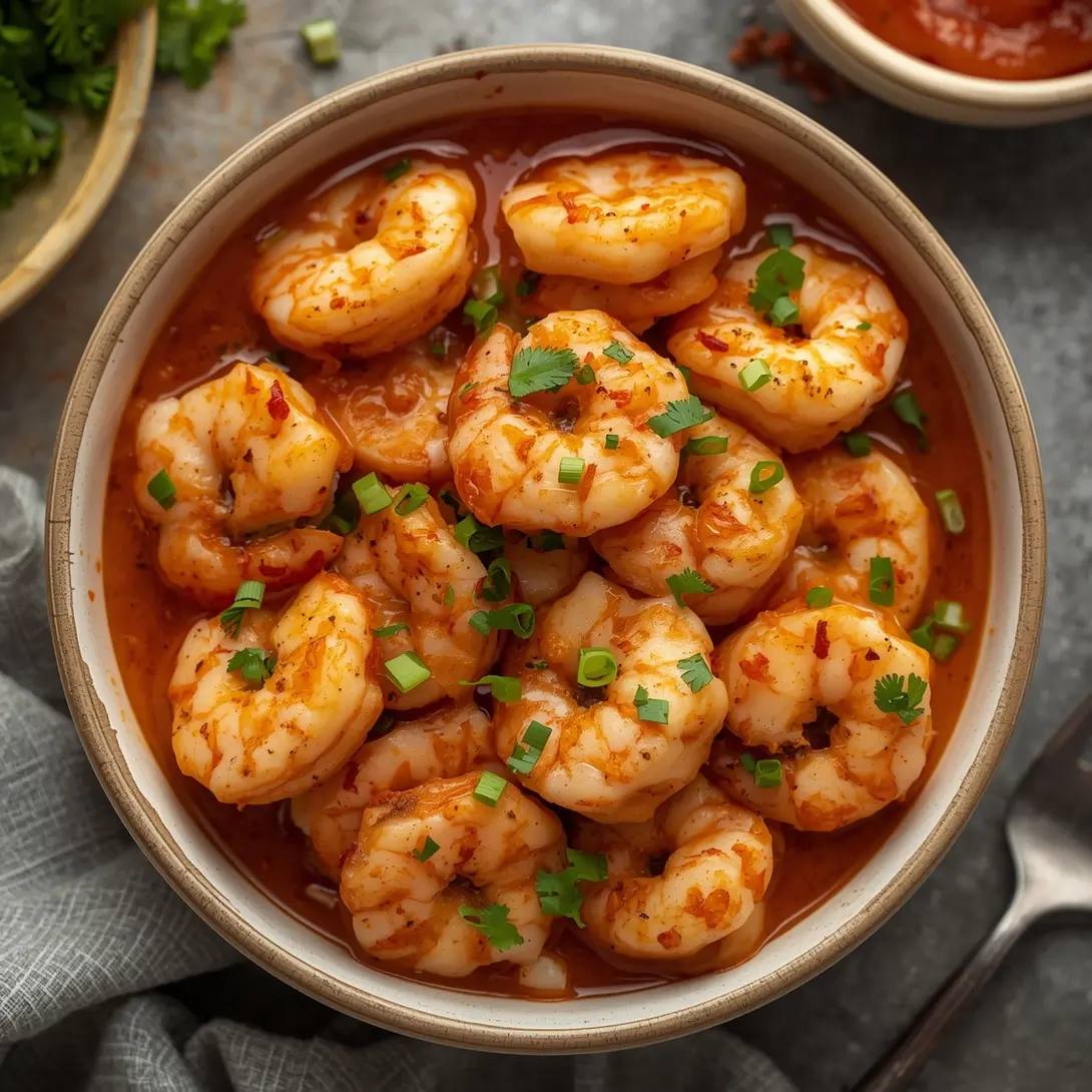 A vibrant spicy shrimp grain bowl topped with creamy avocado slices.