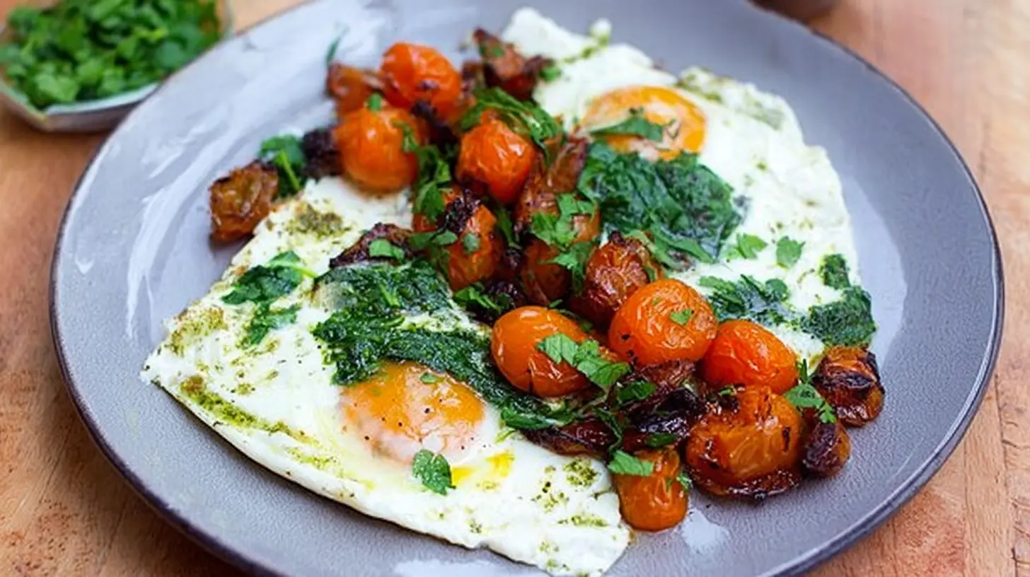 Close-up of fluffy feta eggs complemented by juicy tomatoes and wilted spinach.