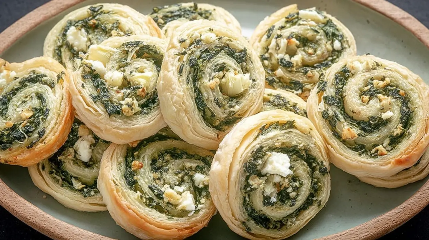 A close-up view of freshly baked spinach pinwheels, golden brown and flaky.
